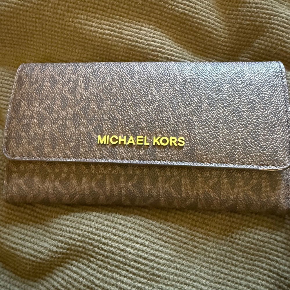 Michael Kors Brown MK Logo Continental Wallet with Gold Logo